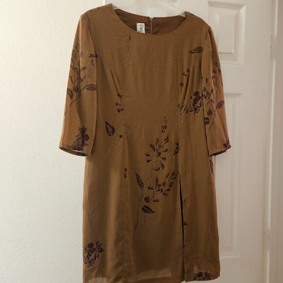 Pari passu Mustard brown fall midi Floral sheer sleeve Embroider Boho dress L - Picture 1 of 12